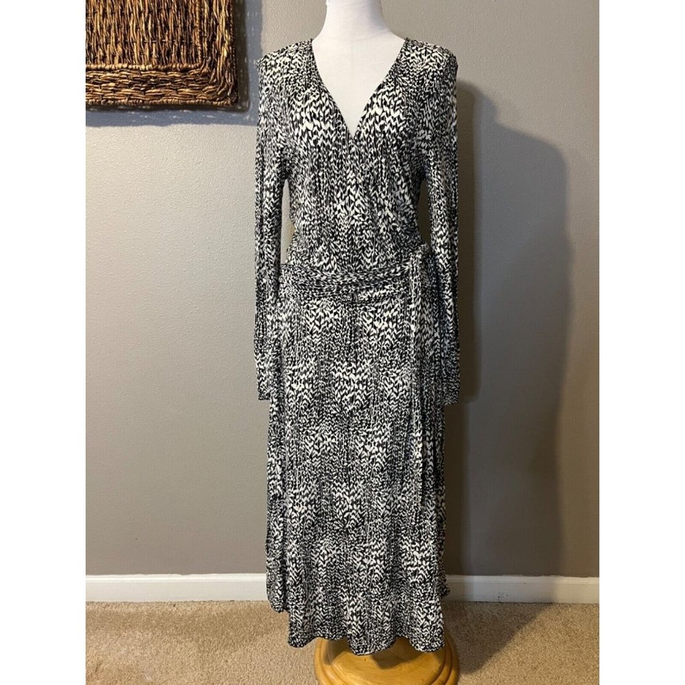 Talbots Midi Wrap Dress 10 Black Ivory 3/4 Long Sleeve Career NWT - Picture 3 of 12